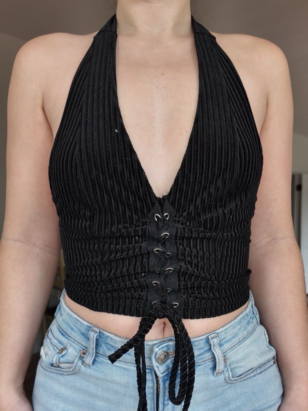 Black Halter Lace-Up Ribbed Crop Top